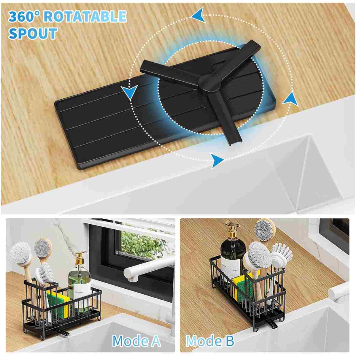 Cisily Black Sponge Holder for Kitchen Sink, Sink Caddy Organizer with High Brush Holder, Kitchen Countertop Organizers and Storage Essentials, Rustproof 304 Stainless Steel,...