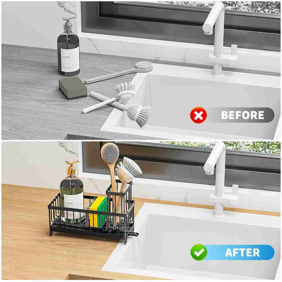 Cisily Black Sponge Holder for Kitchen Sink, Sink Caddy Organizer with High Brush Holder, Kitchen Countertop Organizers and Storage Essentials, Rustproof 304 Stainless Steel,...
