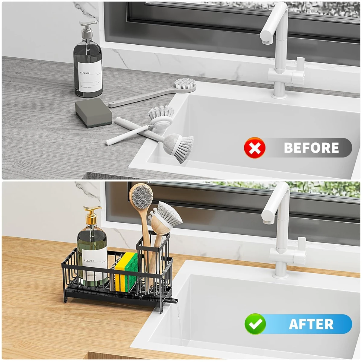 Cisily Black Sponge Holder for Kitchen Sink, Sink Caddy Organizer with High Brush Holder, Kitchen Countertop Organizers and Storage Essentials, Rustproof 304 Stainless Steel,...