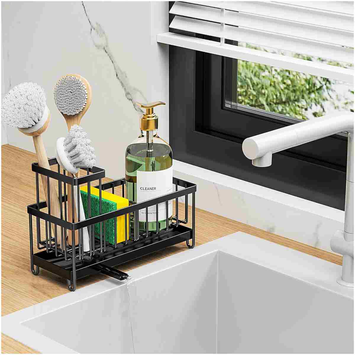 Cisily Black Sponge Holder for Kitchen Sink, Sink Caddy Organizer with High Brush Holder, Kitchen Countertop Organizers and Storage Essentials, Rustproof 304 Stainless Steel,...