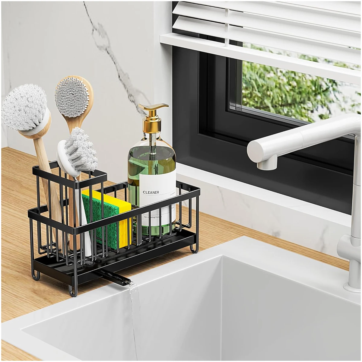 Cisily Black Sponge Holder for Kitchen Sink, Sink Caddy Organizer with High Brush Holder, Kitchen Countertop Organizers and Storage Essentials, Rustproof 304 Stainless Steel,...