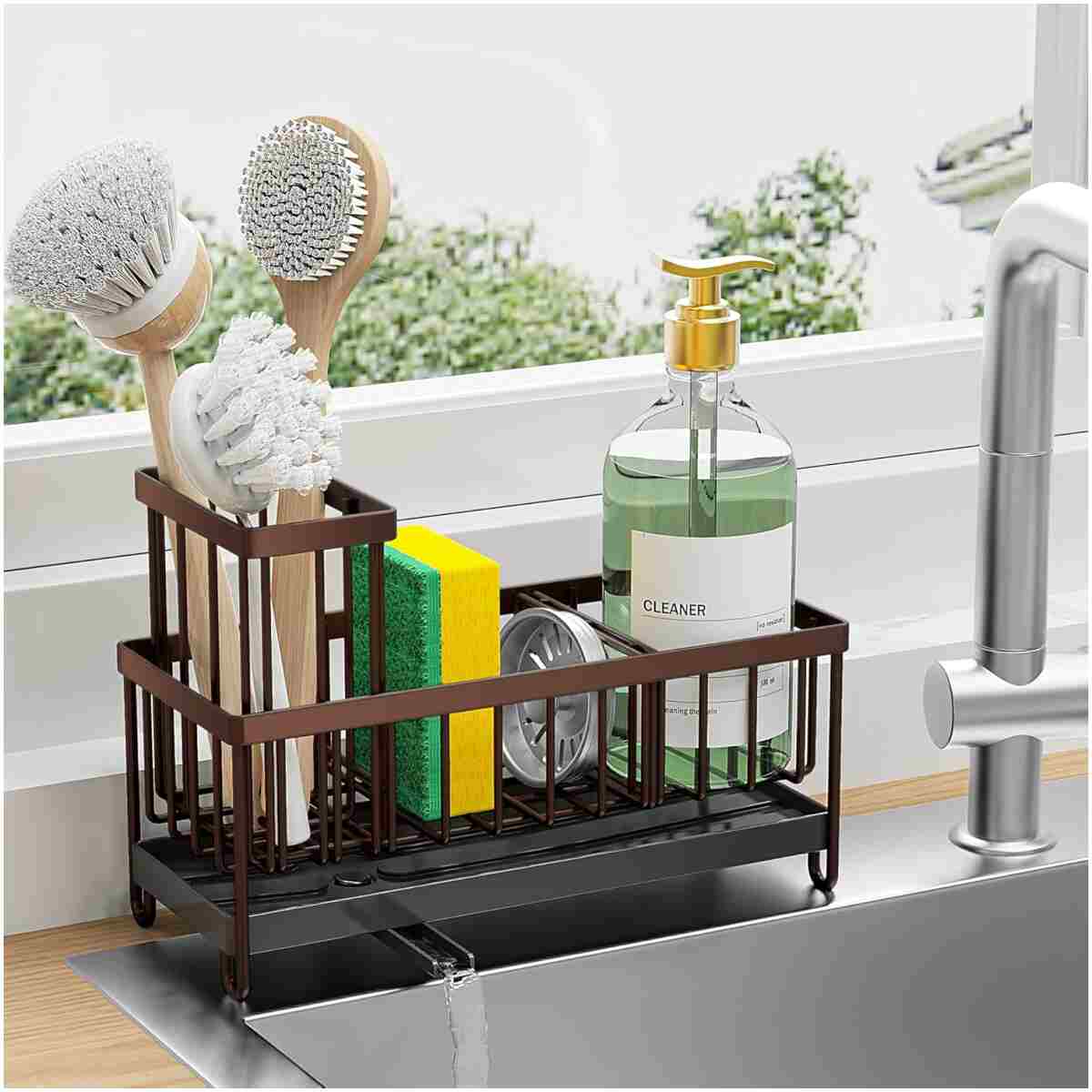 Cisily Black Sponge Holder for Kitchen Sink, Sink Caddy Organizer with High Brush Holder, Kitchen Countertop Organizers and Storage Essentials, Rustproof 304 Stainless Steel,...