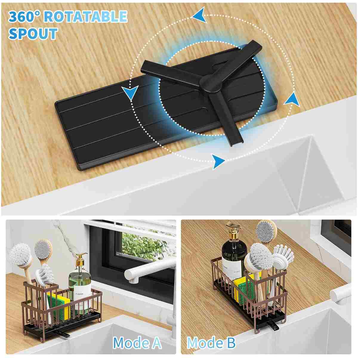 Cisily Black Sponge Holder for Kitchen Sink, Sink Caddy Organizer with High Brush Holder, Kitchen Countertop Organizers and Storage Essentials, Rustproof 304 Stainless Steel,...