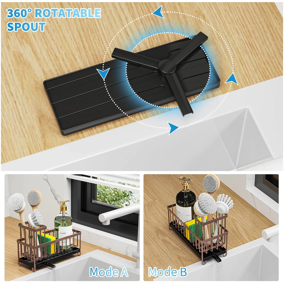 Cisily Black Sponge Holder for Kitchen Sink, Sink Caddy Organizer with High Brush Holder, Kitchen Countertop Organizers and Storage Essentials, Rustproof 304 Stainless Steel,...