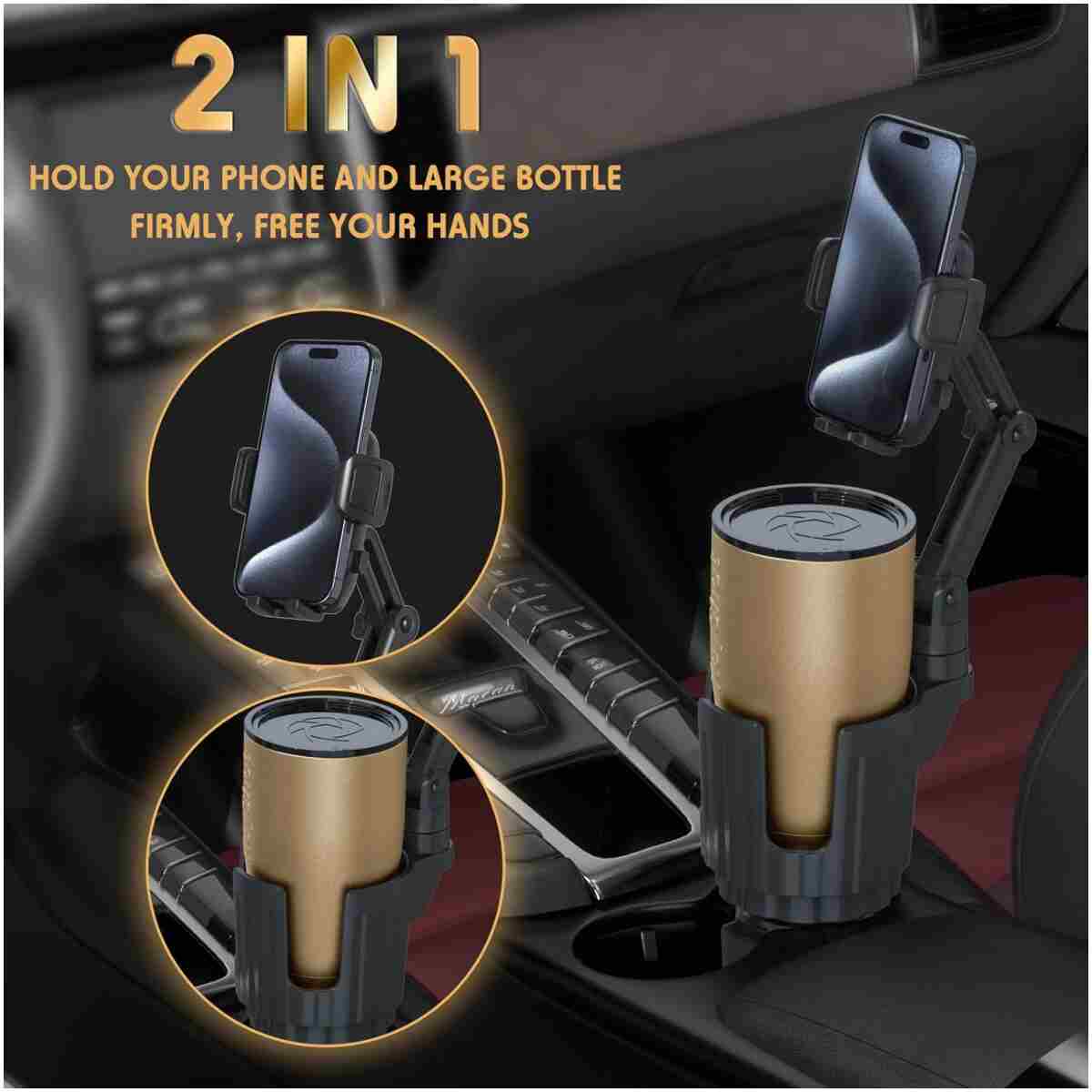 Cup Holder Phone Mount, 2 in 1 Universal Cup Holder Expander Adjustable Base with Phone Mount, Long Arm with 360°Rotation Cup Holder Phone Mount for Car Compatible with All...