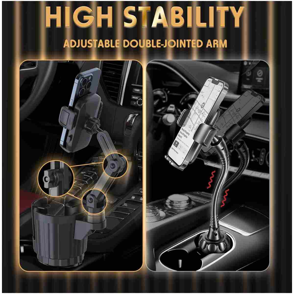 Cup Holder Phone Mount, 2 in 1 Universal Cup Holder Expander Adjustable Base with Phone Mount, Long Arm with 360°Rotation Cup Holder Phone Mount for Car Compatible with All...