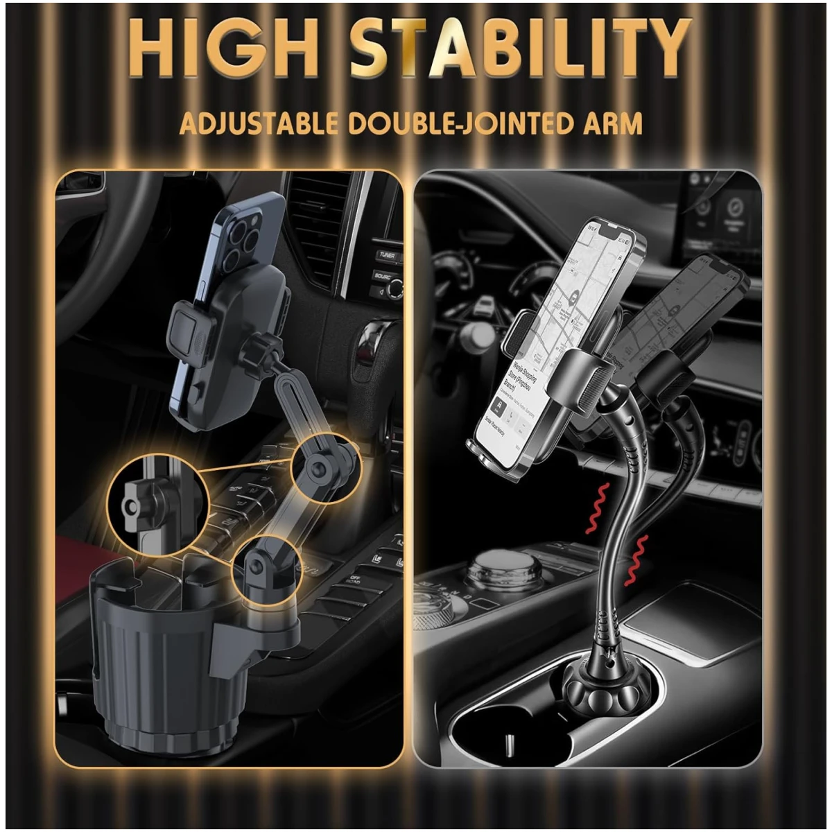 Cup Holder Phone Mount, 2 in 1 Universal Cup Holder Expander Adjustable Base with Phone Mount, Long Arm with 360°Rotation Cup Holder Phone Mount for Car Compatible with All...