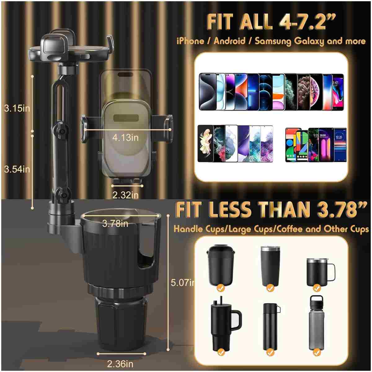 Cup Holder Phone Mount, 2 in 1 Universal Cup Holder Expander Adjustable Base with Phone Mount, Long Arm with 360°Rotation Cup Holder Phone Mount for Car Compatible with All...
