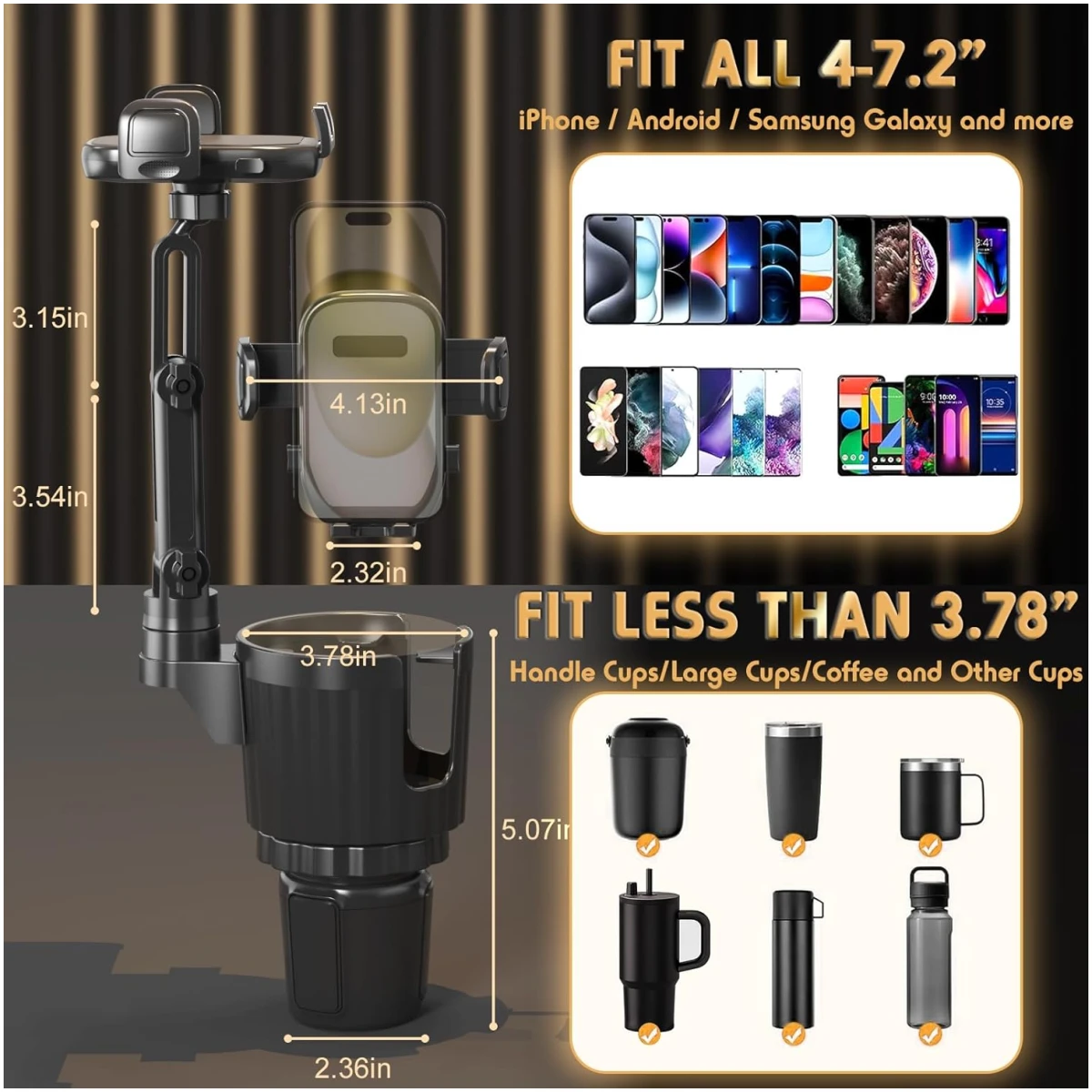 Cup Holder Phone Mount, 2 in 1 Universal Cup Holder Expander Adjustable Base with Phone Mount, Long Arm with 360°Rotation Cup Holder Phone Mount for Car Compatible with All...