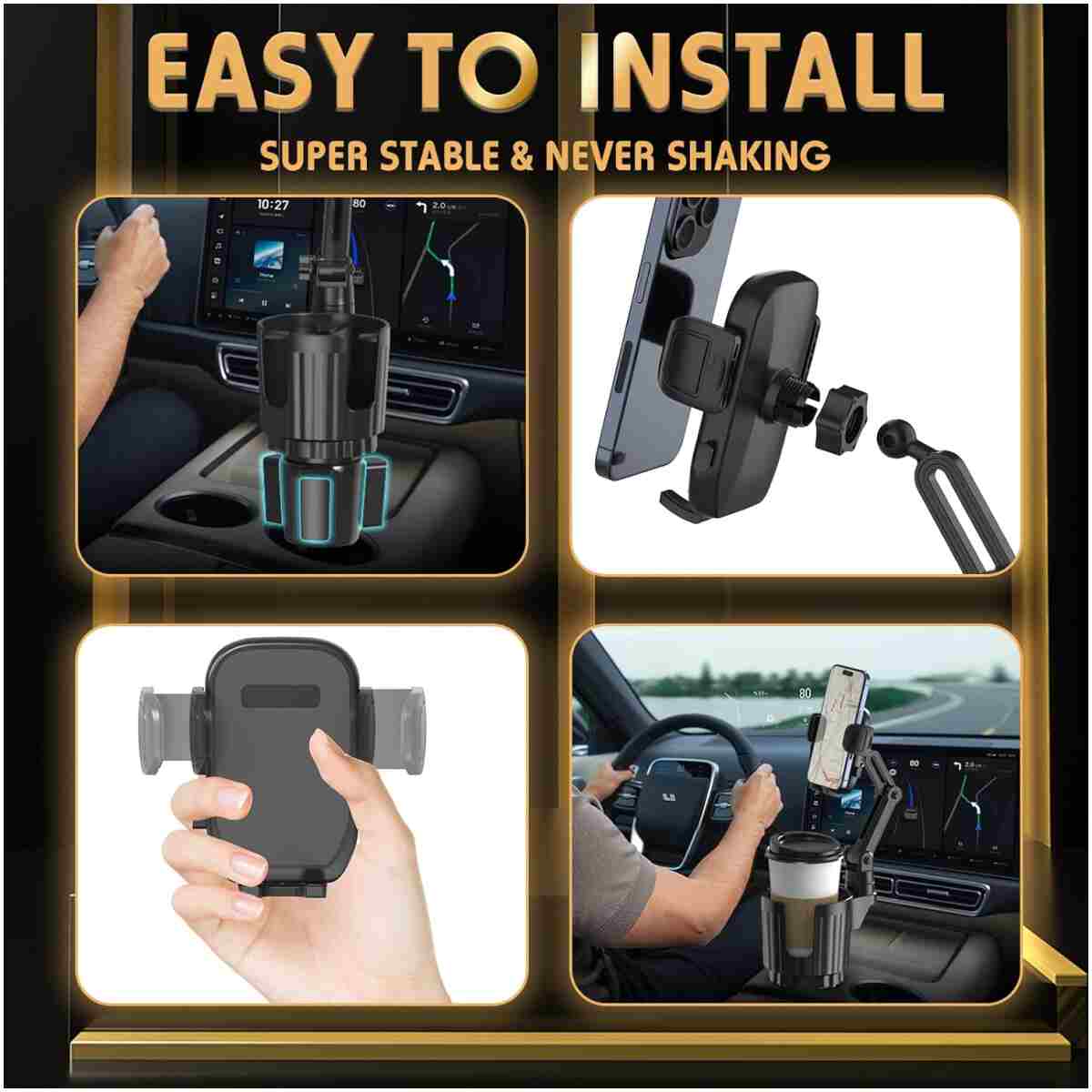 Cup Holder Phone Mount, 2 in 1 Universal Cup Holder Expander Adjustable Base with Phone Mount, Long Arm with 360°Rotation Cup Holder Phone Mount for Car Compatible with All...