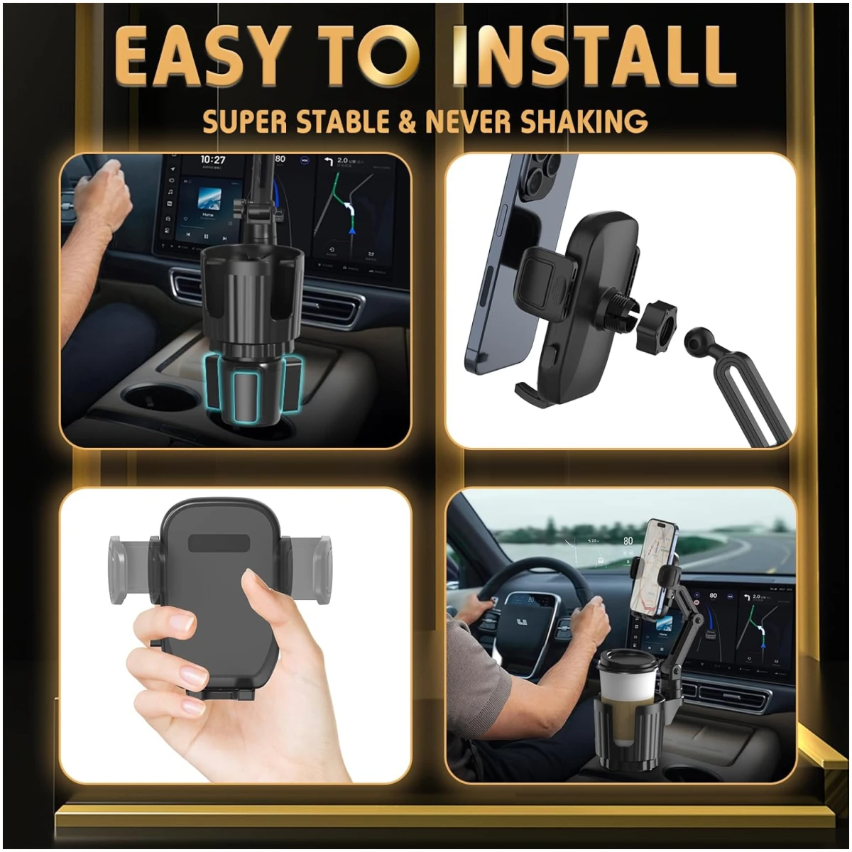 Cup Holder Phone Mount, 2 in 1 Universal Cup Holder Expander Adjustable Base with Phone Mount, Long Arm with 360°Rotation Cup Holder Phone Mount for Car Compatible with All...