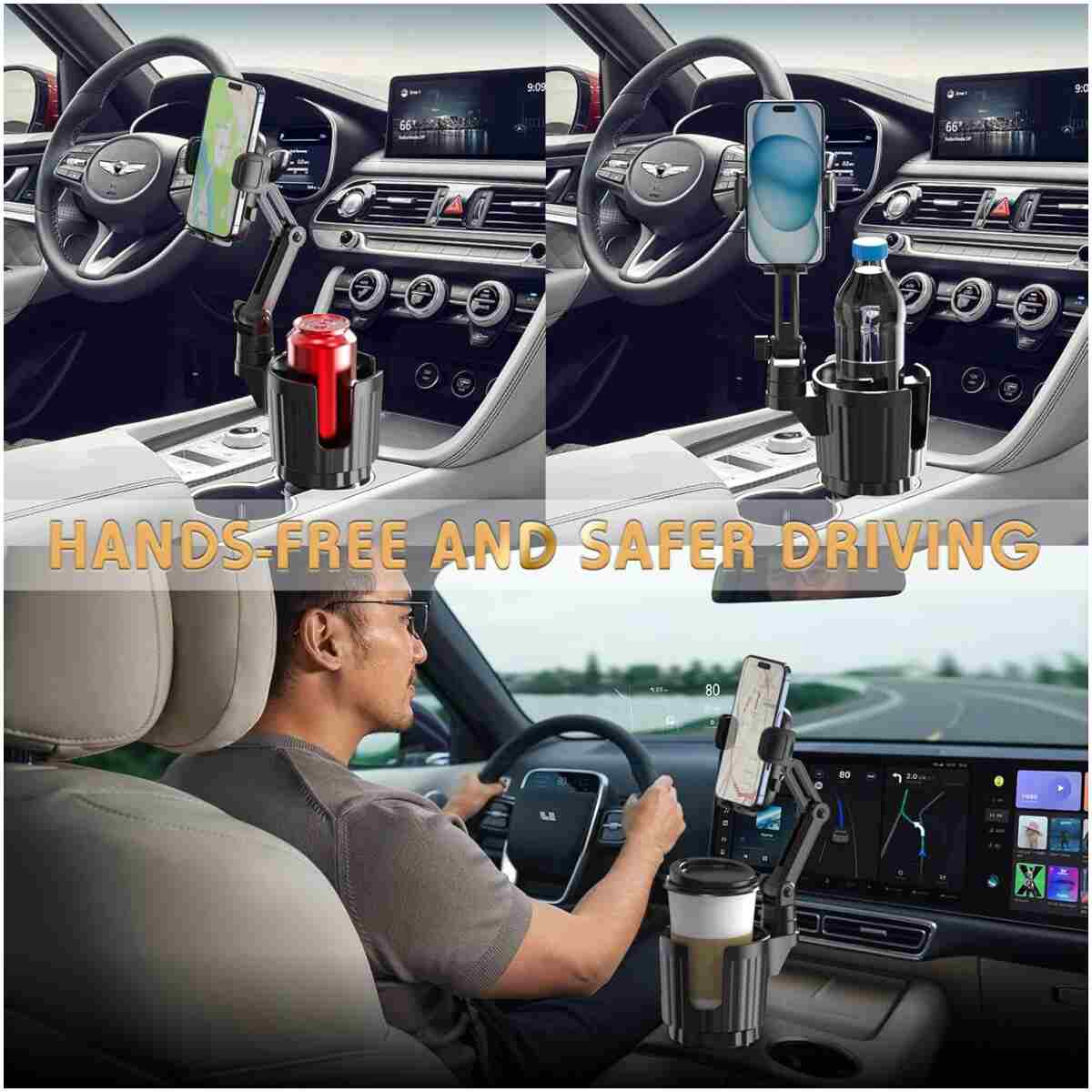 Cup Holder Phone Mount, 2 in 1 Universal Cup Holder Expander Adjustable Base with Phone Mount, Long Arm with 360°Rotation Cup Holder Phone Mount for Car Compatible with All...