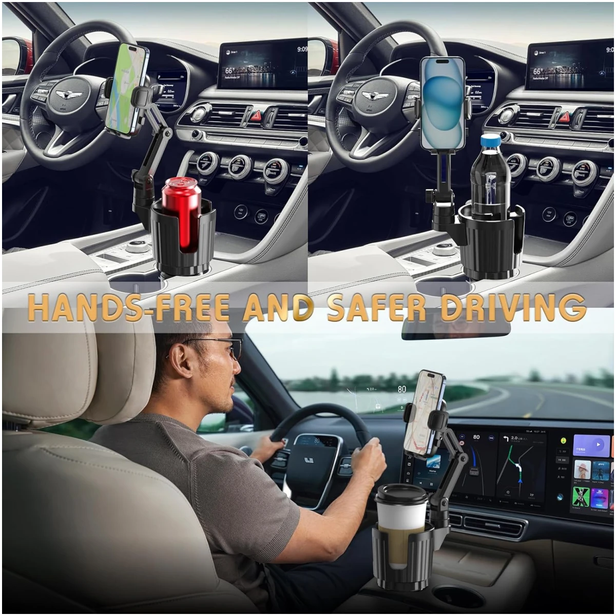 Cup Holder Phone Mount, 2 in 1 Universal Cup Holder Expander Adjustable Base with Phone Mount, Long Arm with 360°Rotation Cup Holder Phone Mount for Car Compatible with All...