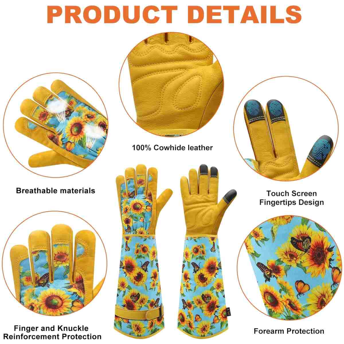DLY Gardening Gloves for Women, Rose Gloves Gardening Thorn Proof, Long Garden Gloves for Women, Breathable Cowhide Leather Gauntlet (Medium, Blue)