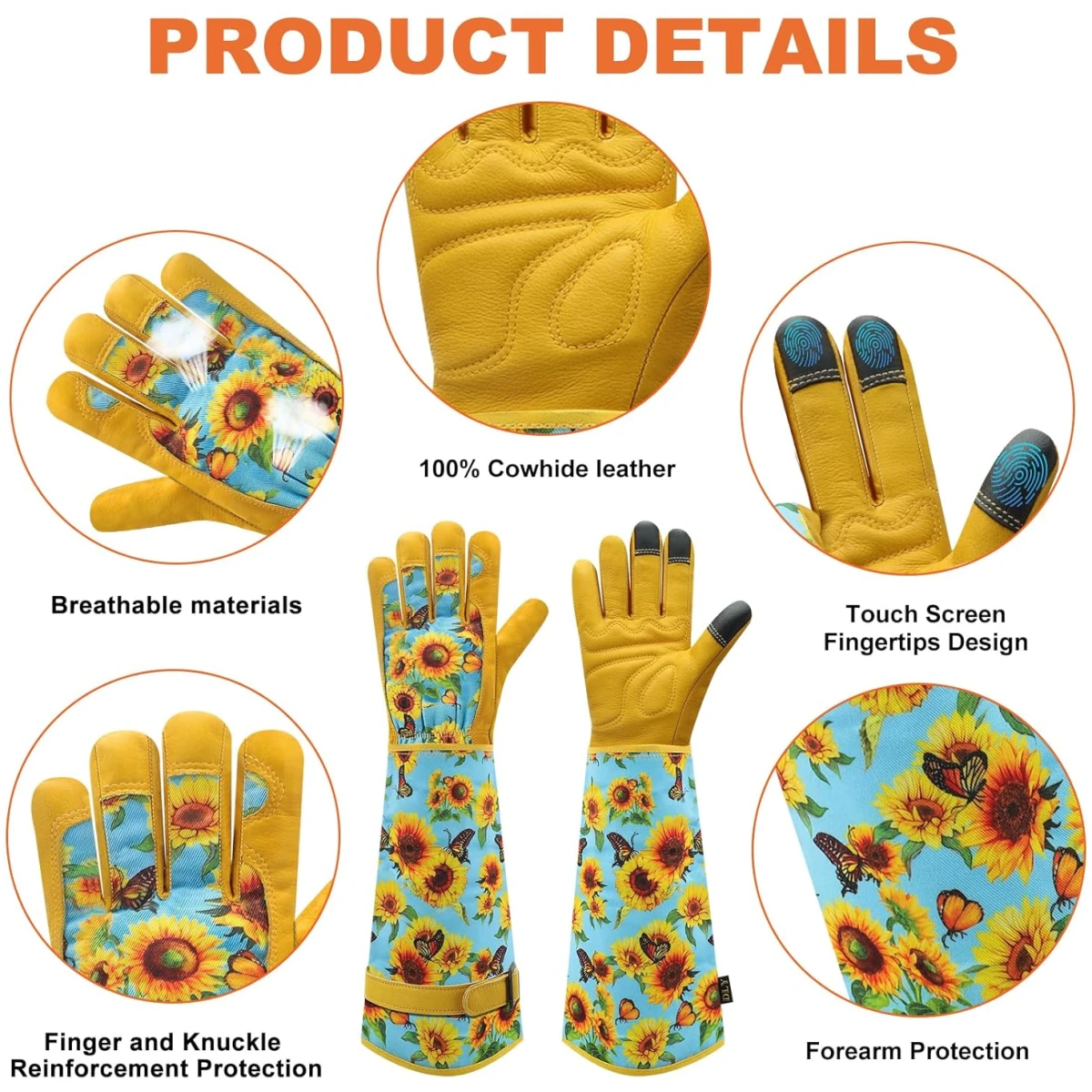 DLY Gardening Gloves for Women, Rose Gloves Gardening Thorn Proof, Long Garden Gloves for Women, Breathable Cowhide Leather Gauntlet (Medium, Blue)