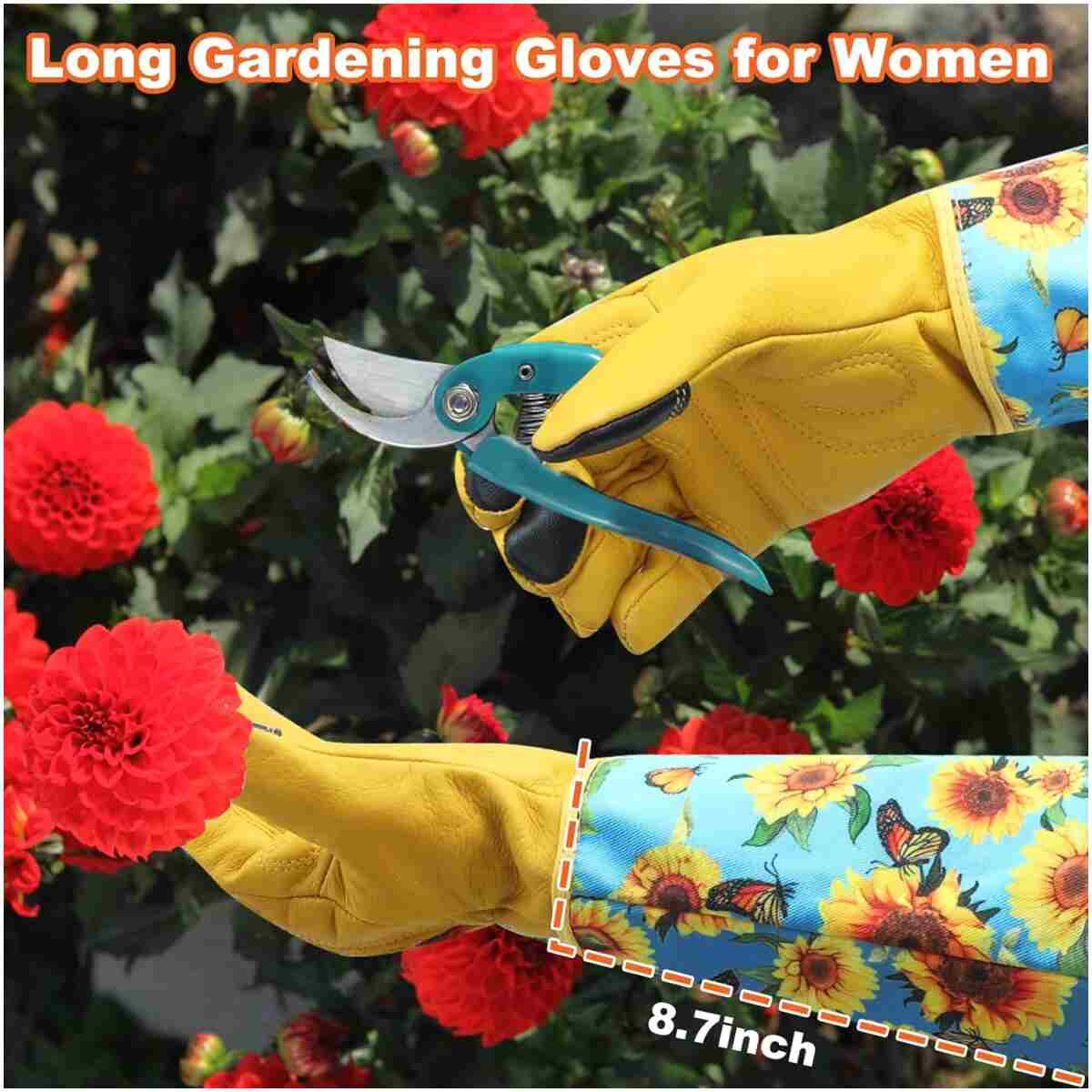 DLY Gardening Gloves for Women, Rose Gloves Gardening Thorn Proof, Long Garden Gloves for Women, Breathable Cowhide Leather Gauntlet (Medium, Blue)