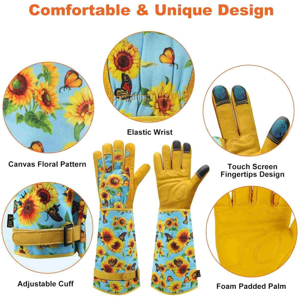 DLY Gardening Gloves for Women, Rose Gloves Gardening Thorn Proof, Long Garden Gloves for Women, Breathable Cowhide Leather Gauntlet (Medium, Blue)