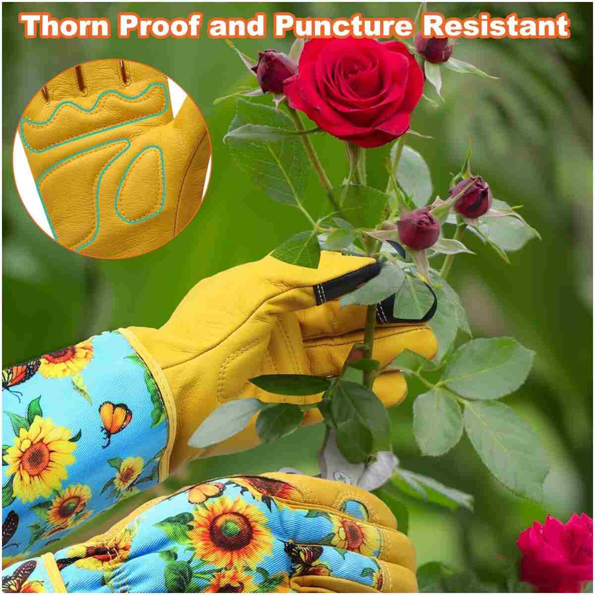 DLY Gardening Gloves for Women, Rose Gloves Gardening Thorn Proof, Long Garden Gloves for Women, Breathable Cowhide Leather Gauntlet (Medium, Blue)