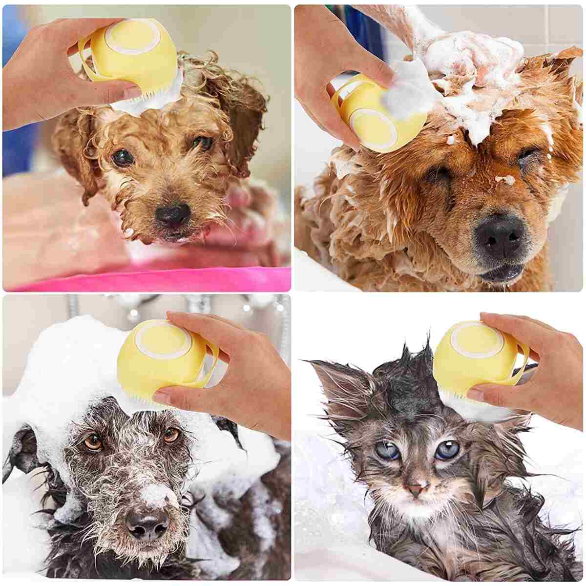 Dog Cat Bath Brush Comb Silicone Rubber Dog Grooming Brush Silicone Puppy Massage Brush Hair Fur Grooming Cleaning Brush Soft Shampoo Dispenser (Yellow - Upgraded)