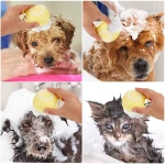 Dog Cat Bath Brush Comb Silicone Rubber Dog Grooming Brush Silicone Puppy Massage Brush Hair Fur Grooming Cleaning Brush Soft Shampoo Dispenser (Yellow - Upgraded)