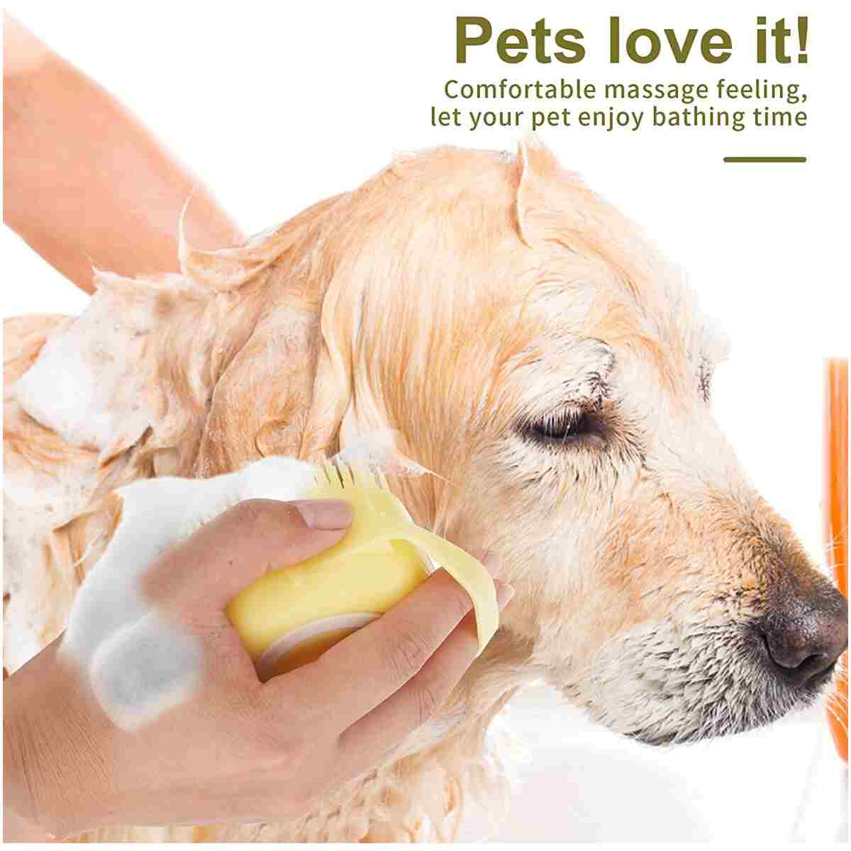 Dog Cat Bath Brush Comb Silicone Rubber Dog Grooming Brush Silicone Puppy Massage Brush Hair Fur Grooming Cleaning Brush Soft Shampoo Dispenser (Yellow - Upgraded)