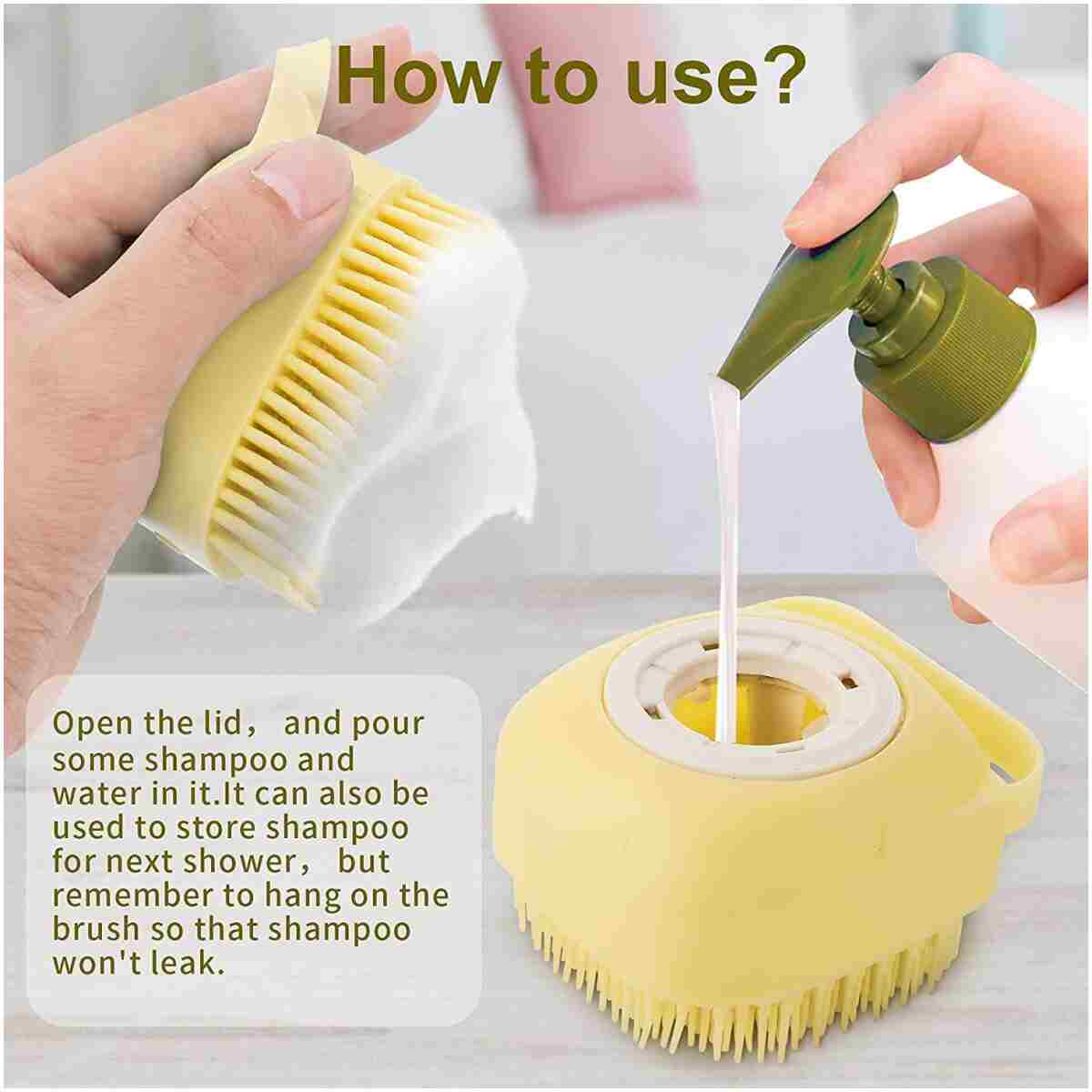 Dog Cat Bath Brush Comb Silicone Rubber Dog Grooming Brush Silicone Puppy Massage Brush Hair Fur Grooming Cleaning Brush Soft Shampoo Dispenser (Yellow - Upgraded)
