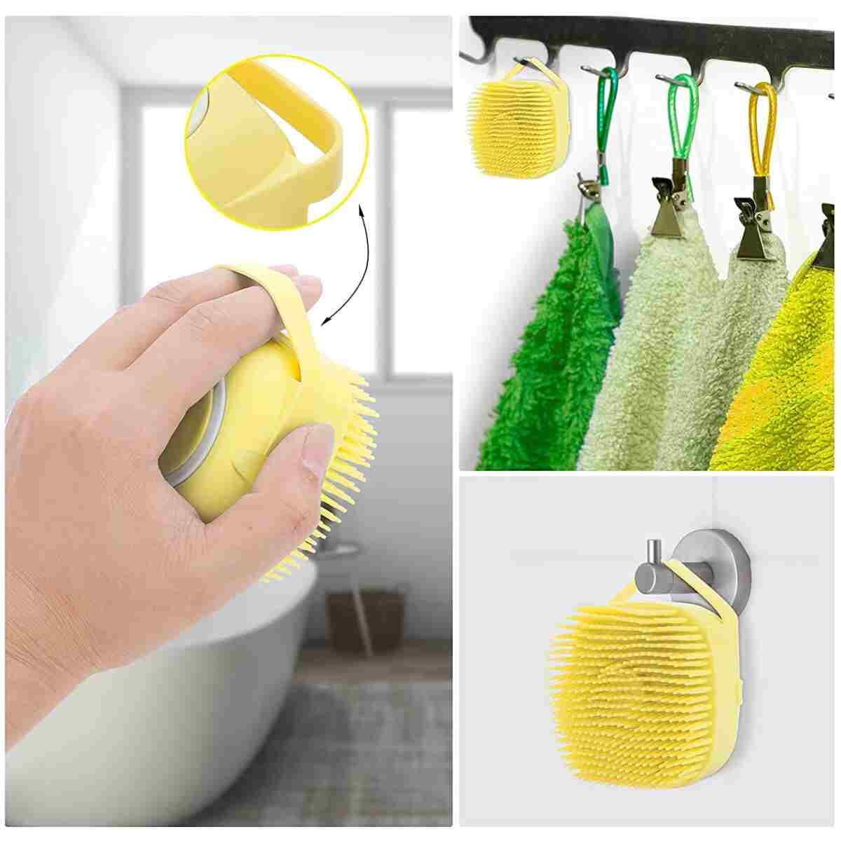 Dog Cat Bath Brush Comb Silicone Rubber Dog Grooming Brush Silicone Puppy Massage Brush Hair Fur Grooming Cleaning Brush Soft Shampoo Dispenser (Yellow - Upgraded)