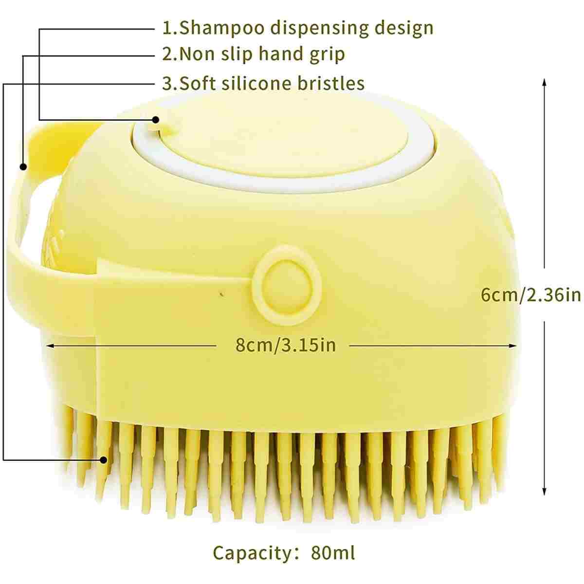 Dog Cat Bath Brush Comb Silicone Rubber Dog Grooming Brush Silicone Puppy Massage Brush Hair Fur Grooming Cleaning Brush Soft Shampoo Dispenser (Yellow - Upgraded)