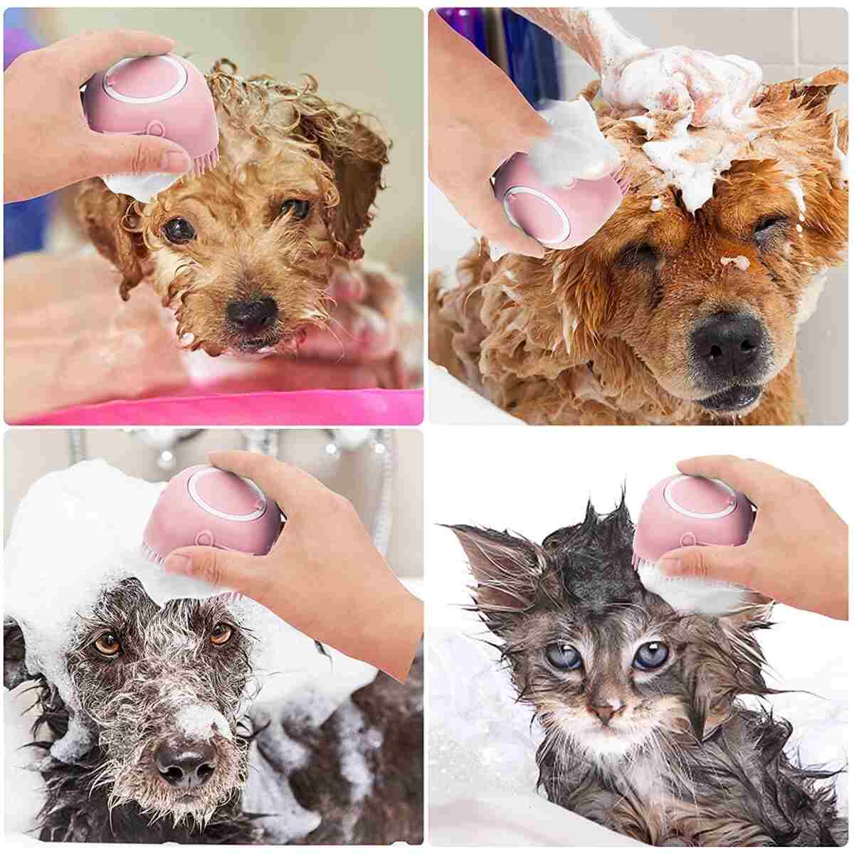 Dog Cat Bath Brush Comb Silicone Rubber Dog Grooming Brush Silicone Puppy Massage Brush Hair Fur Grooming Cleaning Brush Soft Shampoo Dispenser (Yellow - Upgraded)