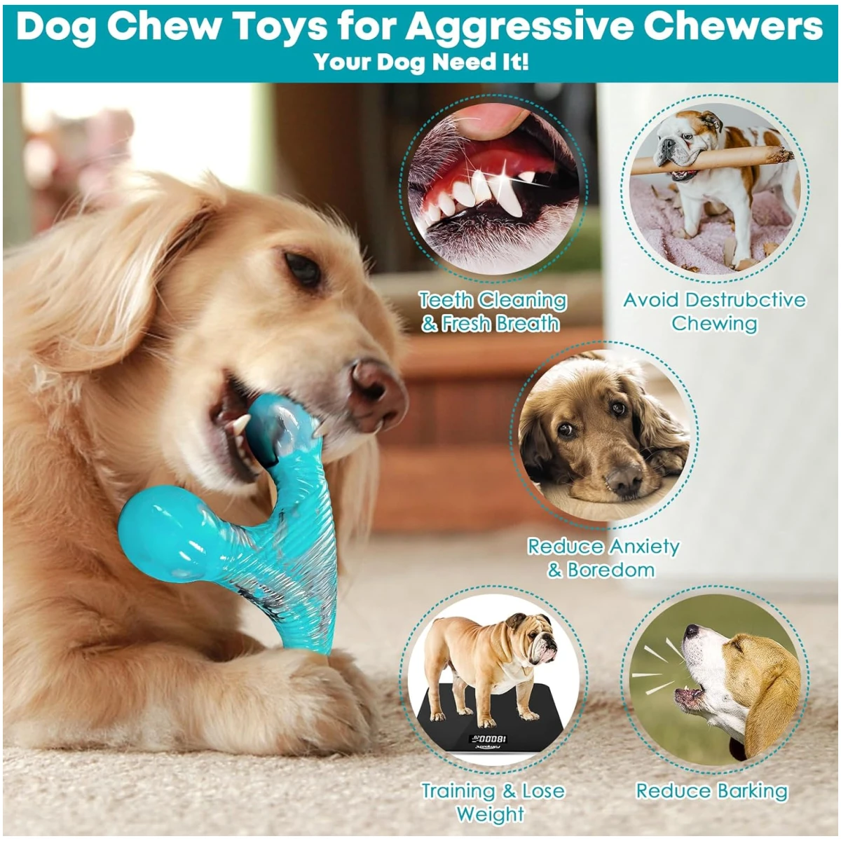 Dog Chew Toys for Aggressive Chewers - Indestructible Dog Toy to Reduce Pet Anxiety and Boredom for Small, Medium, Large Breed