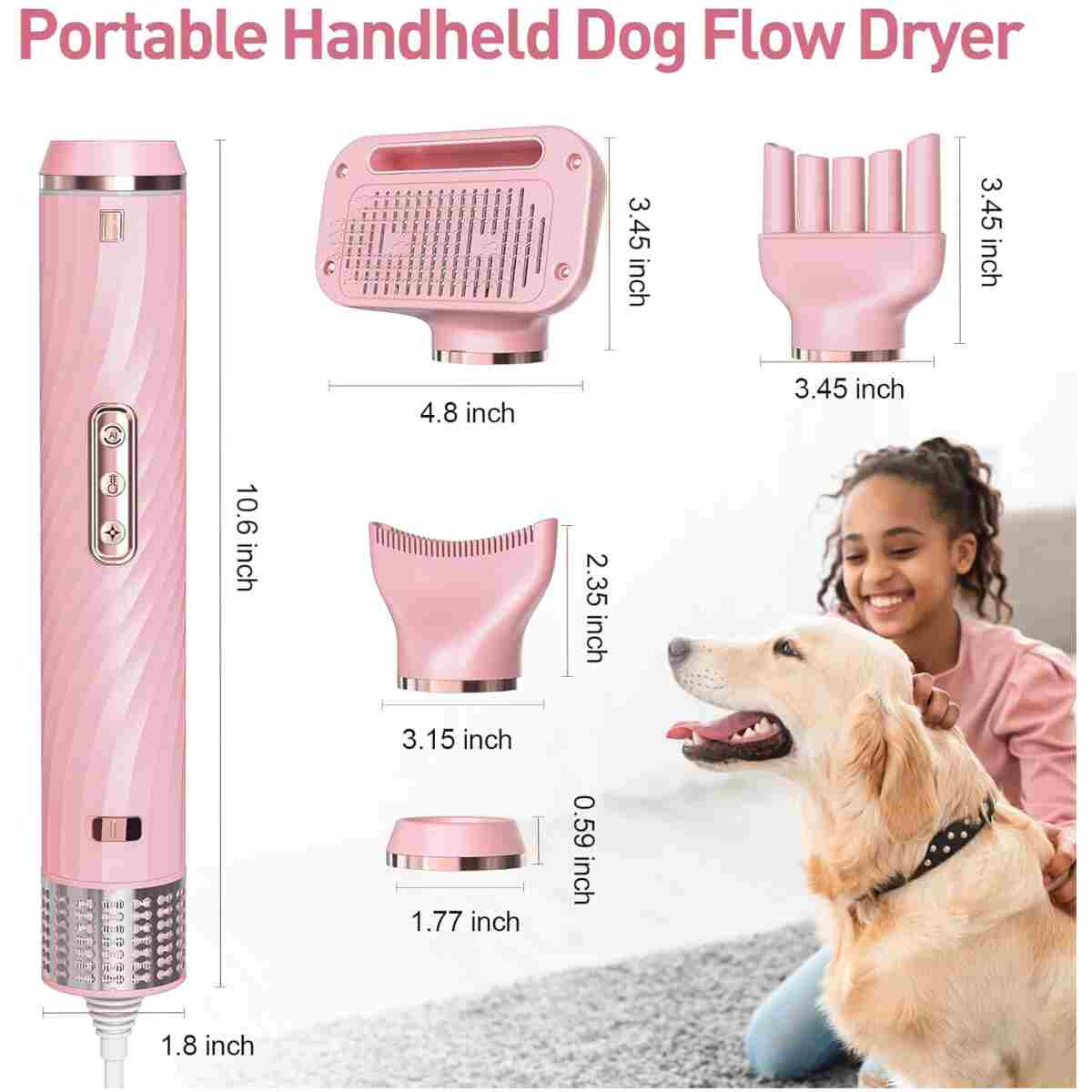 Dog Dryer, Dog Grooming Blow Dryer Kit with Slicker Brush for Pet, High Velocity Blow Dryer for Dogs with Adjustable Speed and Temperature for Dog Grooming Supplies and Home...