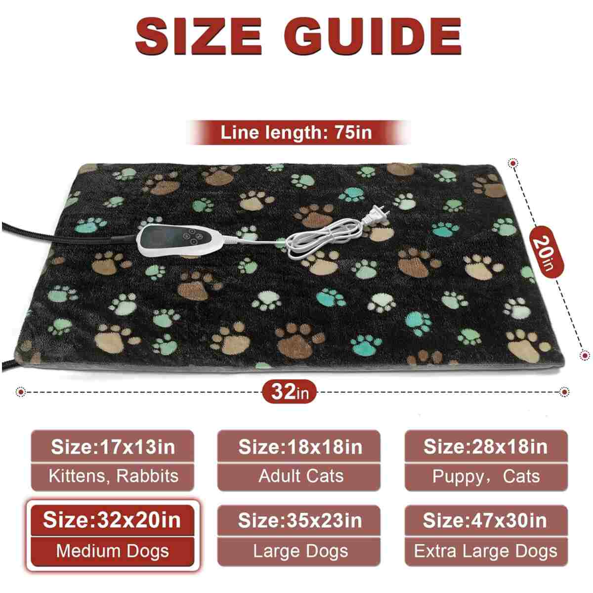 Dog Heating Pad 32x20in Waterproof Pet Heating Pad for Dogs Smart Thermostat Switch, Whelping Supplies Heated Dog Bed,Adding Wire Rope Wires Puppy Heating Pad Mat-with Plush...