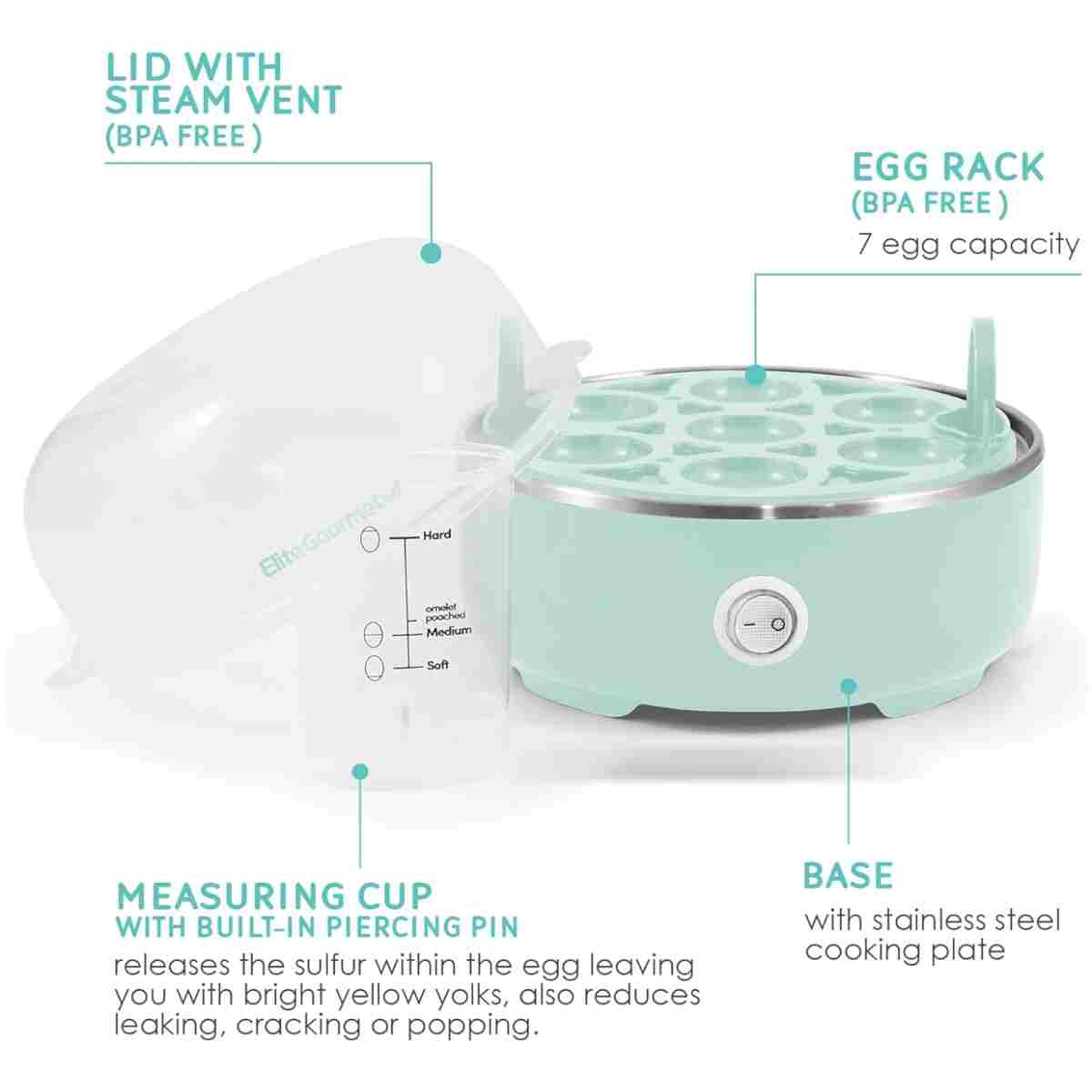 Elite Gourmet EGC115M Easy Egg Cooker Electric 7-Egg Capacity, Soft, Medium, Hard-Boiled Egg Cooker with Auto Shut-Off, Measuring Cup Included, BPA Free, Retro Mint