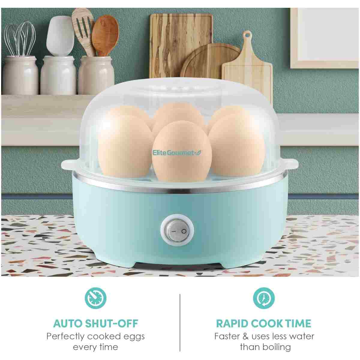 Elite Gourmet EGC115M Easy Egg Cooker Electric 7-Egg Capacity, Soft, Medium, Hard-Boiled Egg Cooker with Auto Shut-Off, Measuring Cup Included, BPA Free, Retro Mint