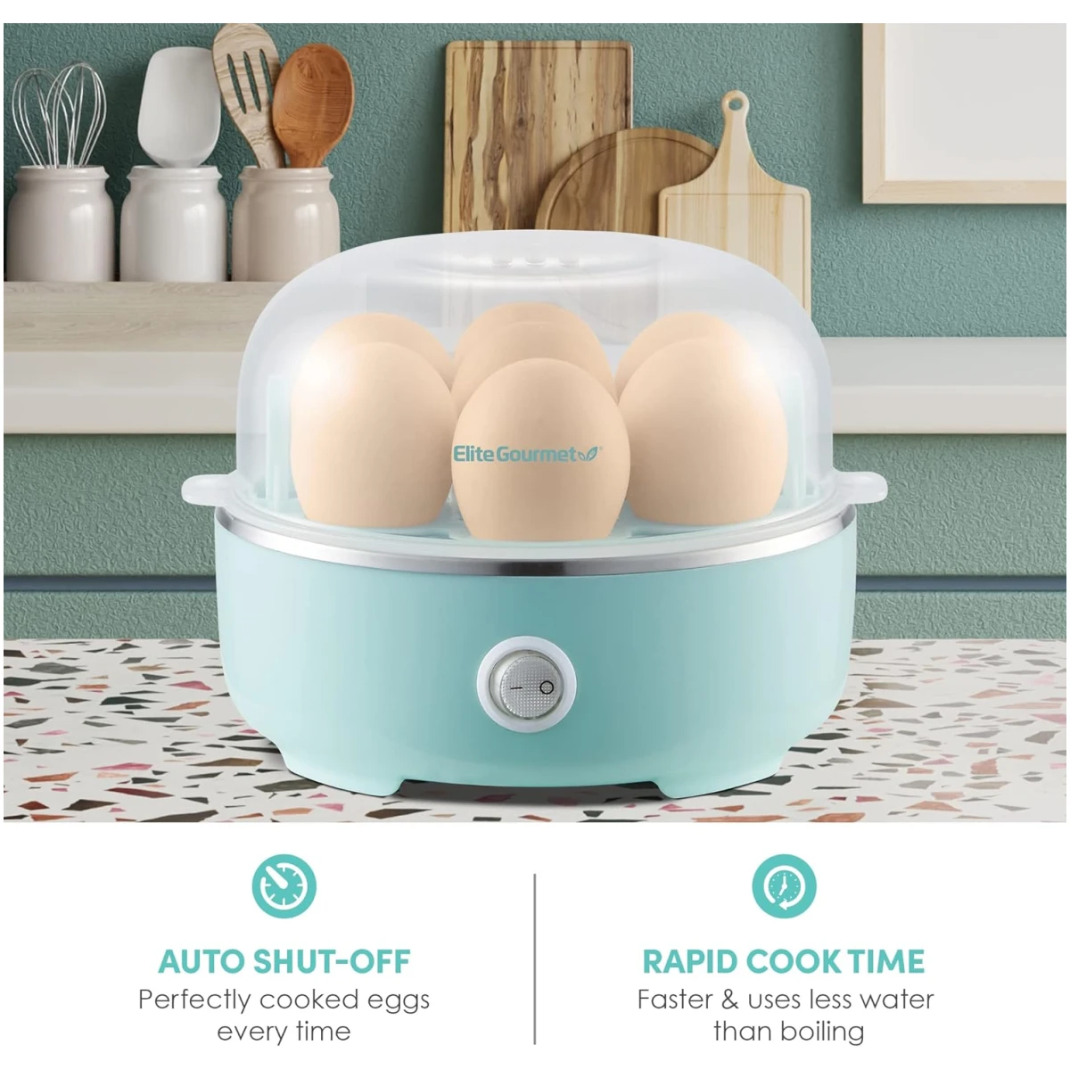 Elite Gourmet EGC115M Easy Egg Cooker Electric 7-Egg Capacity, Soft, Medium, Hard-Boiled Egg Cooker with Auto Shut-Off, Measuring Cup Included, BPA Free, Retro Mint
