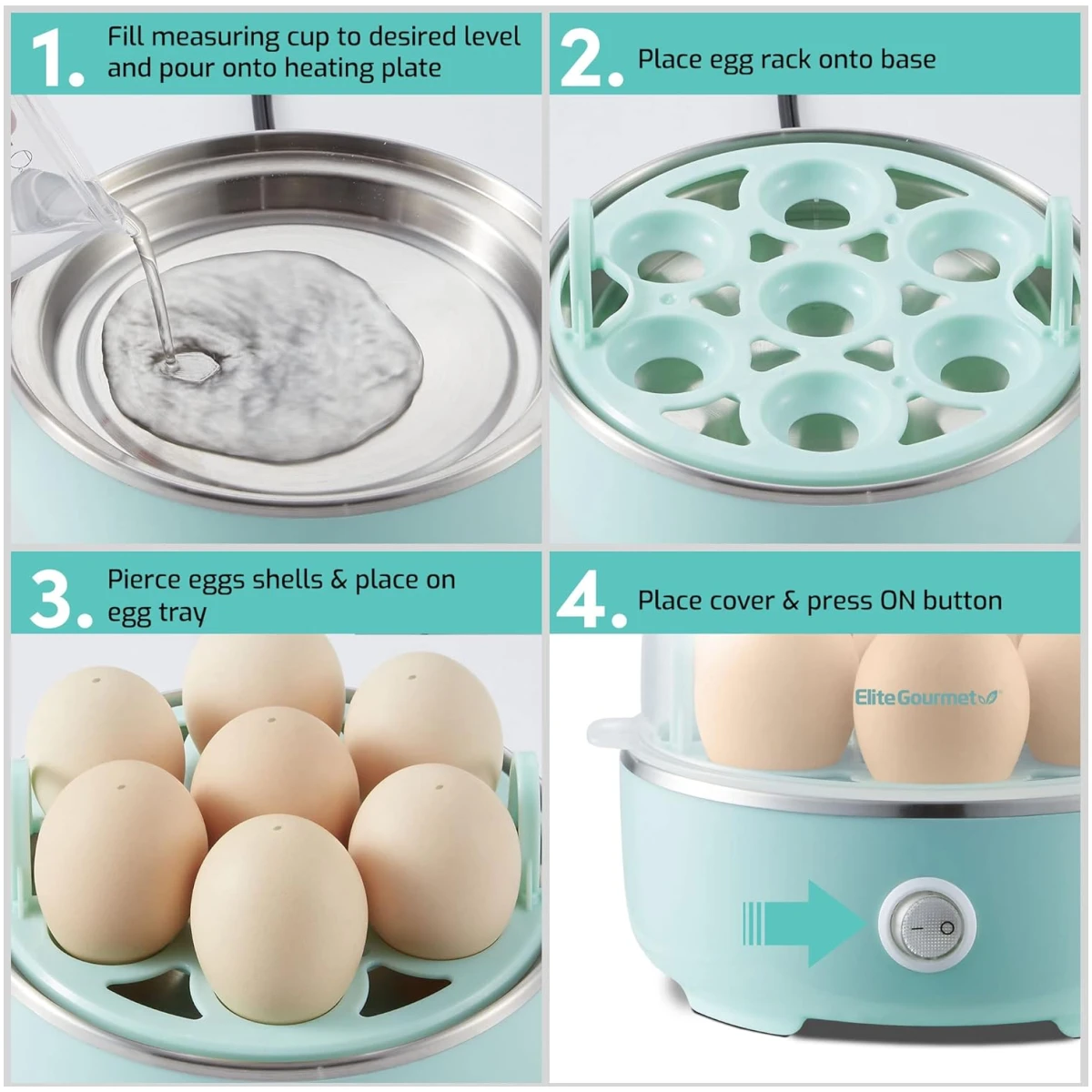 Elite Gourmet EGC115M Easy Egg Cooker Electric 7-Egg Capacity, Soft, Medium, Hard-Boiled Egg Cooker with Auto Shut-Off, Measuring Cup Included, BPA Free, Retro Mint