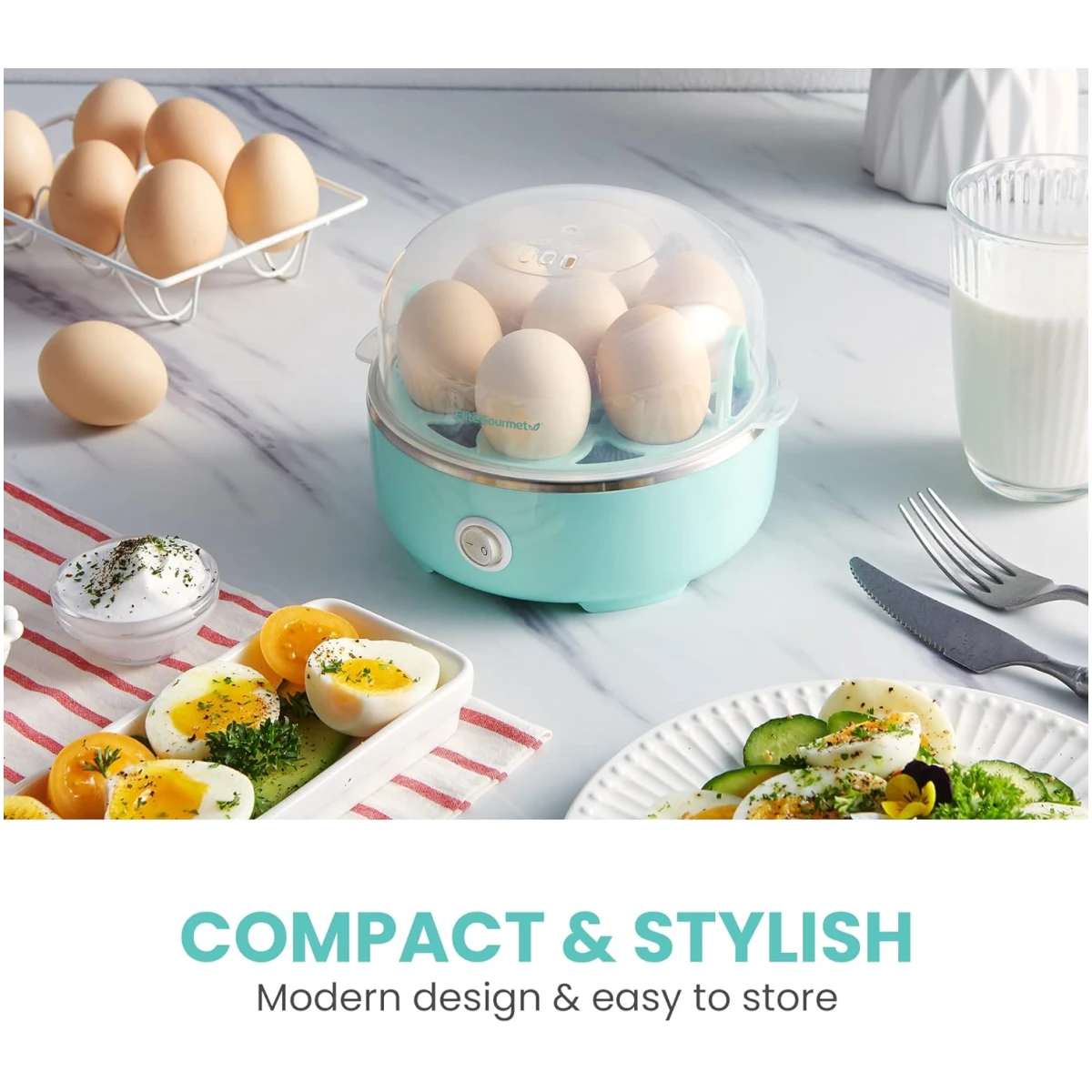 Elite Gourmet EGC115M Easy Egg Cooker Electric 7-Egg Capacity, Soft, Medium, Hard-Boiled Egg Cooker with Auto Shut-Off, Measuring Cup Included, BPA Free, Retro Mint