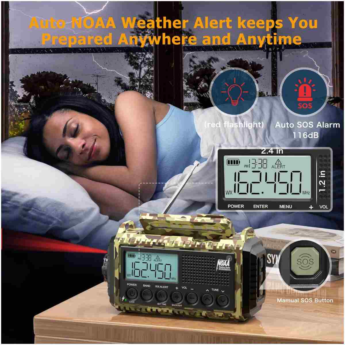 Emergency Radio with NOAA Weather Alert, Portable Solar Hand Crank AM/FM Radio for Survival,Rechargeable Battery Powered Radio,USB Charger,Flashlight,Reading Lamp,for Home Outdoor