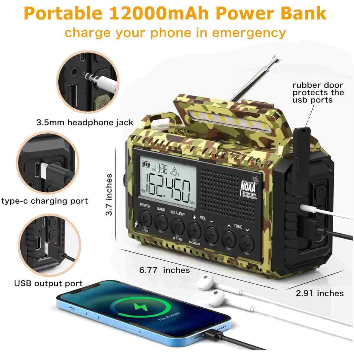 Emergency Radio with NOAA Weather Alert, Portable Solar Hand Crank AM/FM Radio for Survival,Rechargeable Battery Powered Radio,USB Charger,Flashlight,Reading Lamp,for Home Outdoor