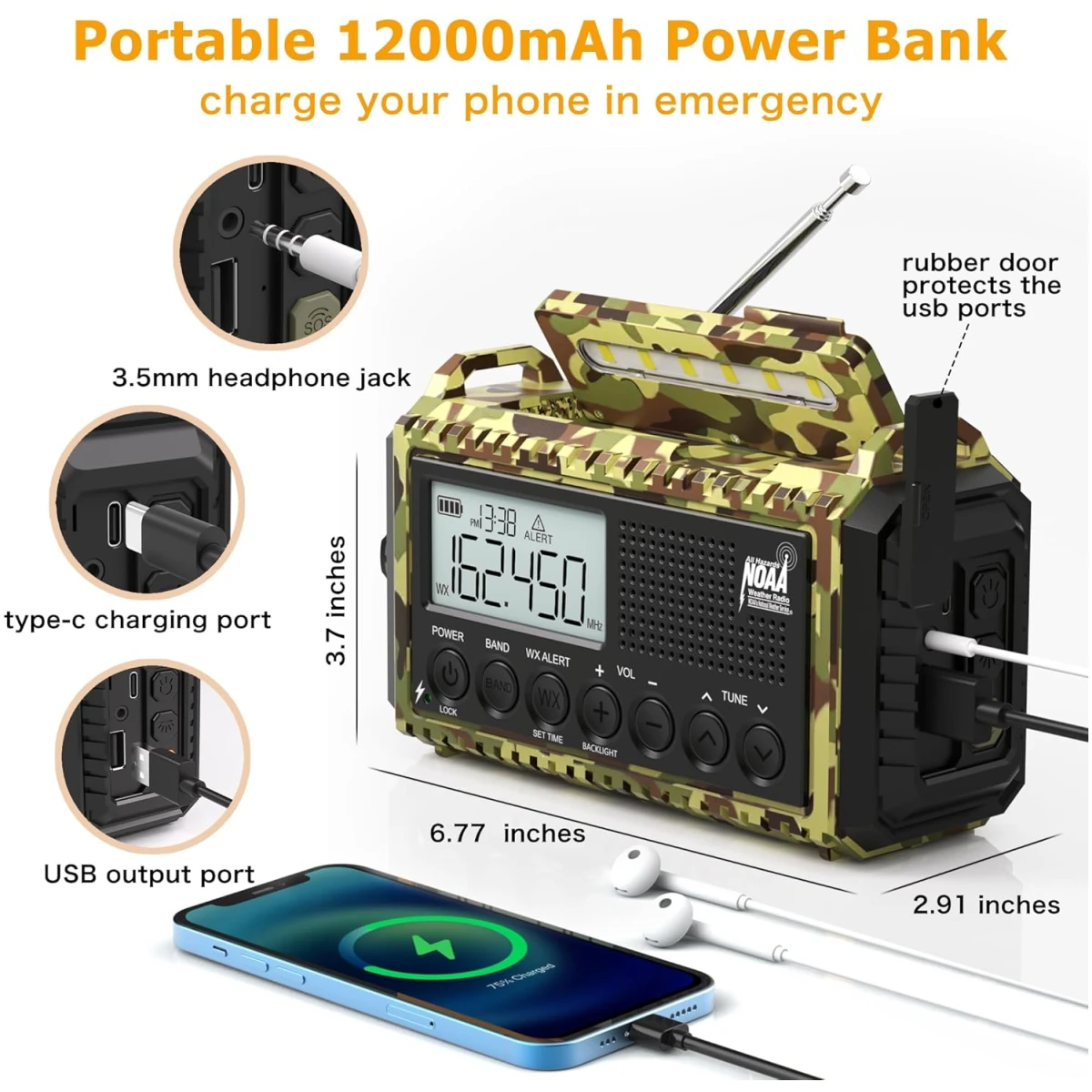 Emergency Radio with NOAA Weather Alert, Portable Solar Hand Crank AM/FM Radio for Survival,Rechargeable Battery Powered Radio,USB Charger,Flashlight,Reading Lamp,for Home Outdoor