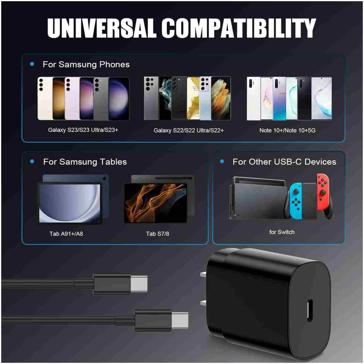 Essri 25W Super Fast Charger Block for Galaxy S24 Ultra/S24/S24+/S23 Ultra/S23/S22 Ultra/S22/S21 Ultra/S20 Ultra/Note 20,4Pack USB Type C Wall Charger with (6Ftx2 10Ftx2) USB C...