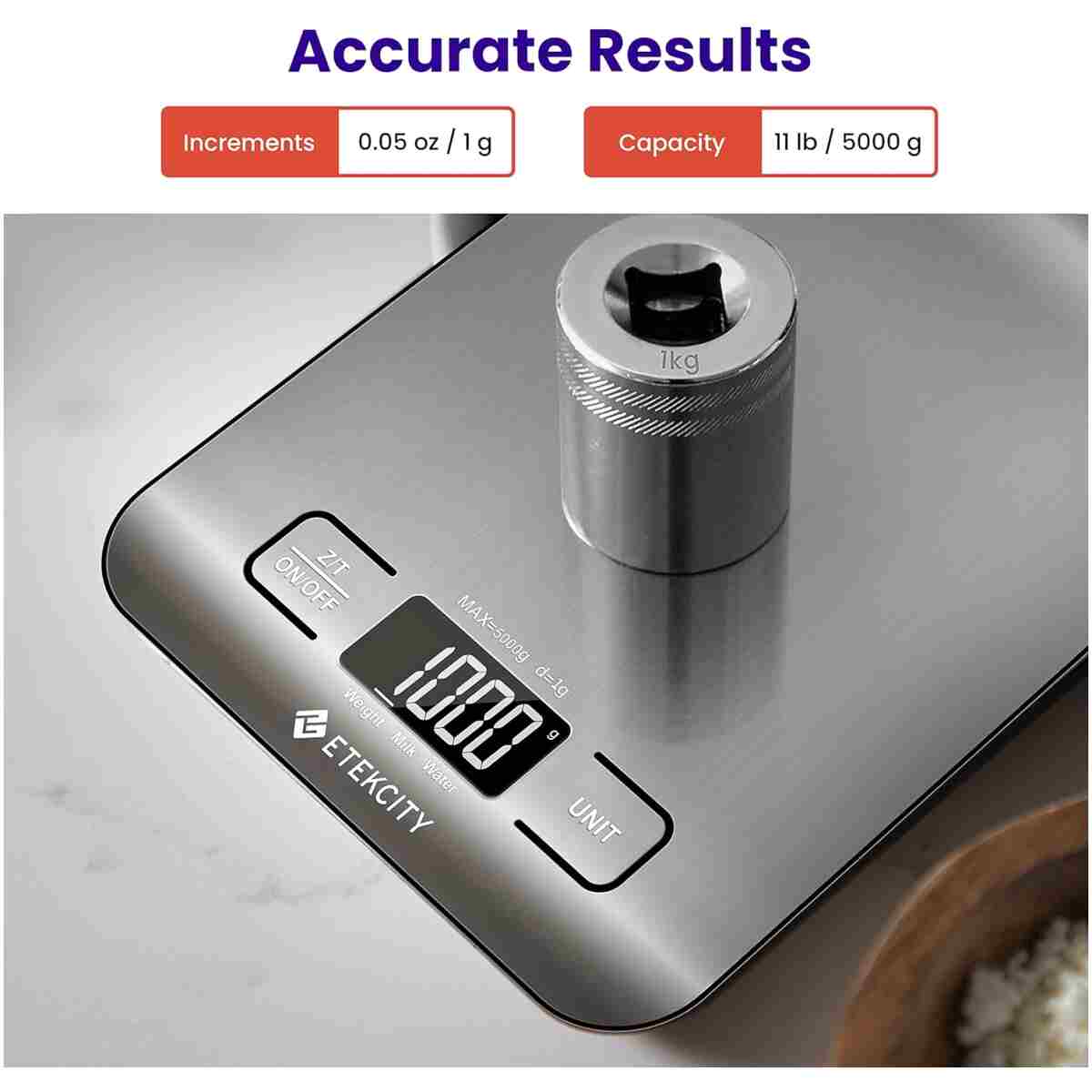 Etekcity Food Kitchen Scale, Digital Grams and Ounces for Weight Loss, Baking, Cooking, Keto and Meal Prep, LCD Display, Medium, 304 Stainless Steel