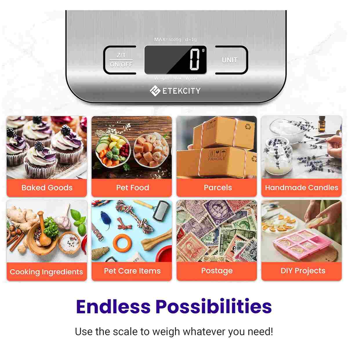 Etekcity Food Kitchen Scale, Digital Grams and Ounces for Weight Loss, Baking, Cooking, Keto and Meal Prep, LCD Display, Medium, 304 Stainless Steel