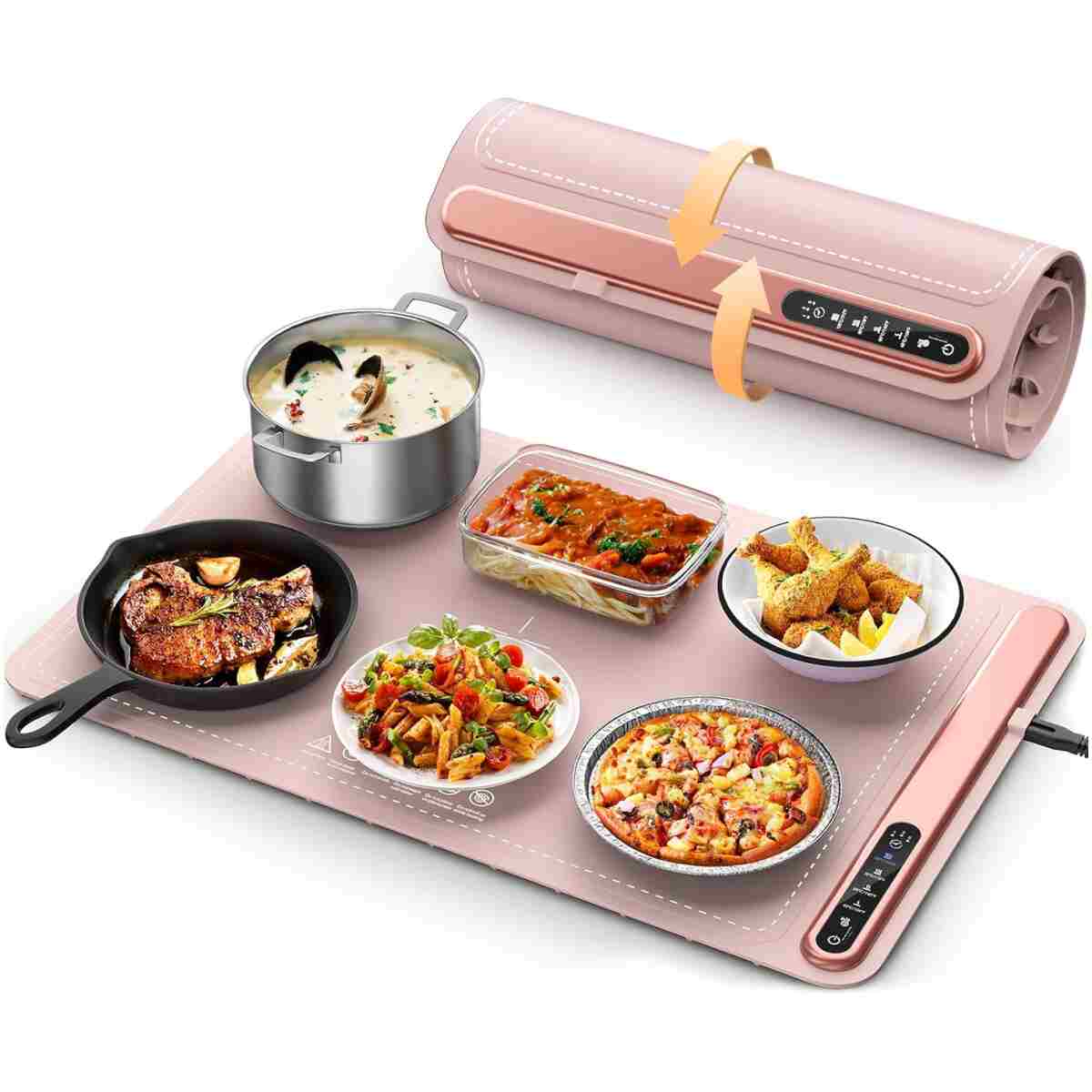 Food Warming Mat - Fast Heating Silicone Electric Warming Tray with 4 Level Temperature, Raised Feet Protects Table, Roll Up Buffet Hot Plates Heat Pad, Portable Food Warmer for...