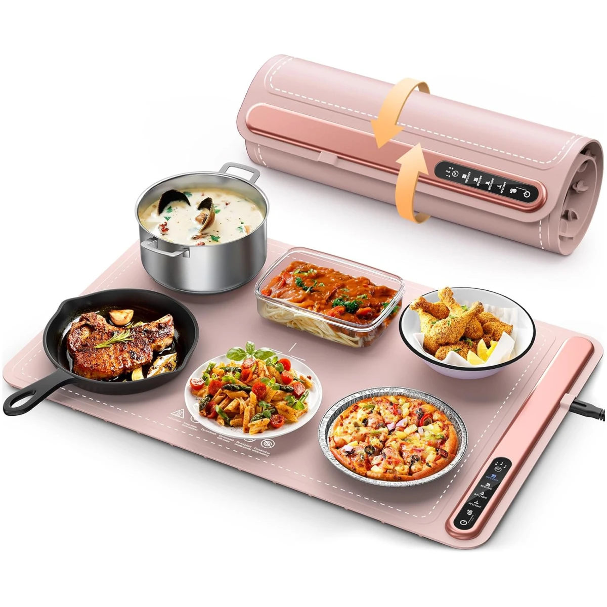 Food Warming Mat - Fast Heating Silicone Electric Warming Tray with 4 Level Temperature, Raised Feet Protects Table, Roll Up Buffet Hot Plates Heat Pad, Portable Food Warmer for...
