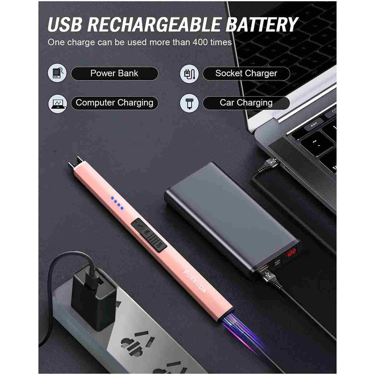 FUKKUDA Electric Candle Lighter with Safety Switch - USB Rechargeable Windproof & Flameless Plasma Arc Lighter for Easter Basket Stuffers (Rose Gold)
