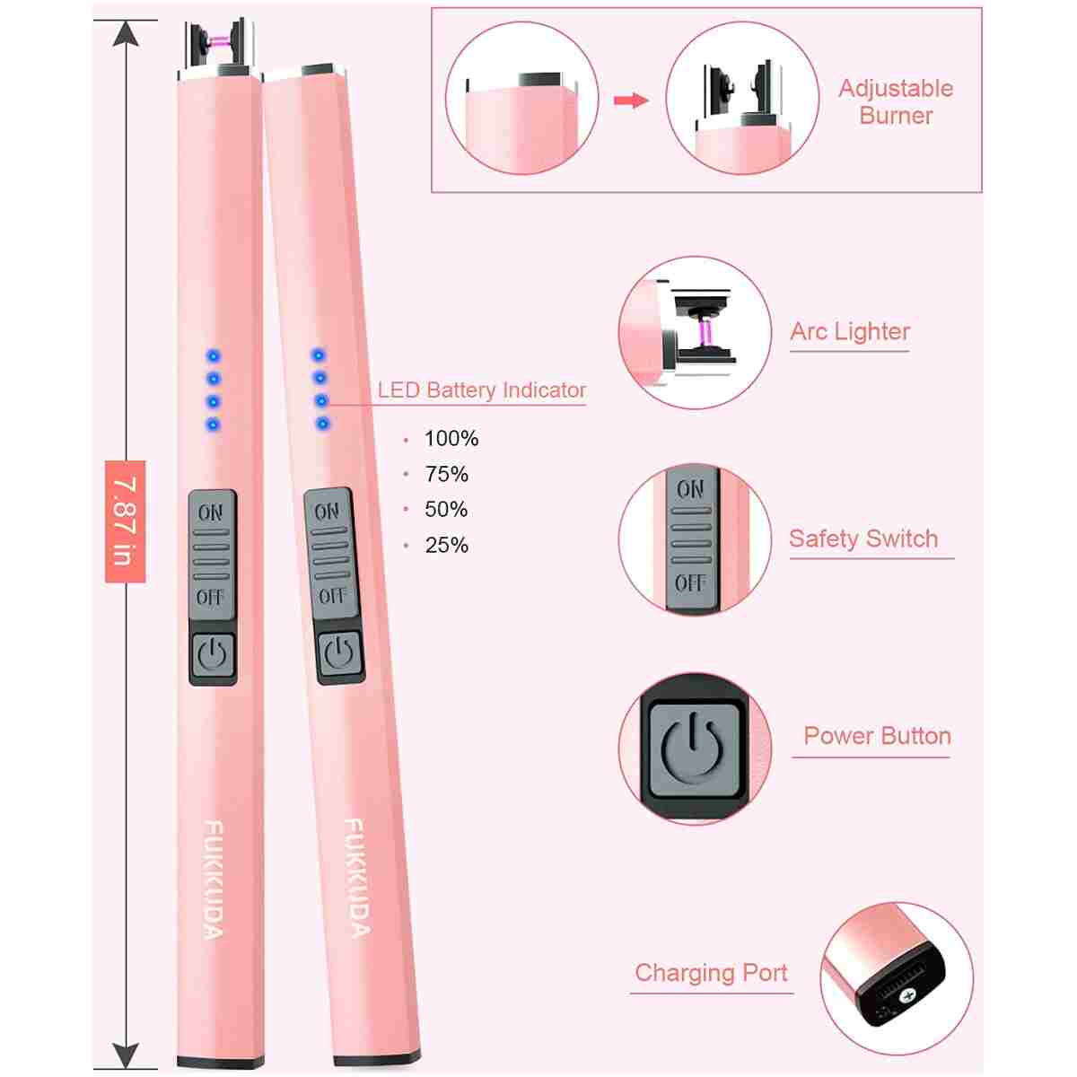 FUKKUDA Electric Candle Lighter with Safety Switch - USB Rechargeable Windproof & Flameless Plasma Arc Lighter for Easter Basket Stuffers (Rose Gold)