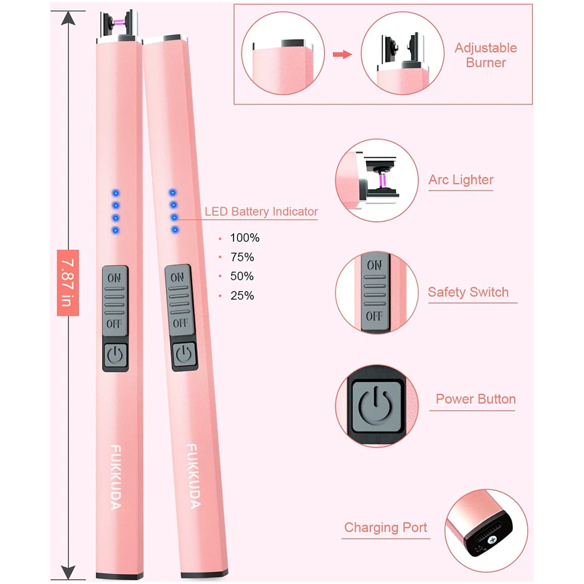 FUKKUDA Electric Candle Lighter with Safety Switch - USB Rechargeable Windproof & Flameless Plasma Arc Lighter for Easter Basket Stuffers (Rose Gold)