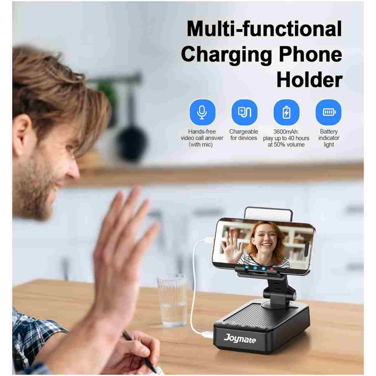 Gifts for Men Women, Phone Stand with Bluetooth Speaker and Charging Function 360° Rotable Angel Adjustable Cell Phone Holder with HD Stereo Sound Fits All Phones,Tablet (Black)