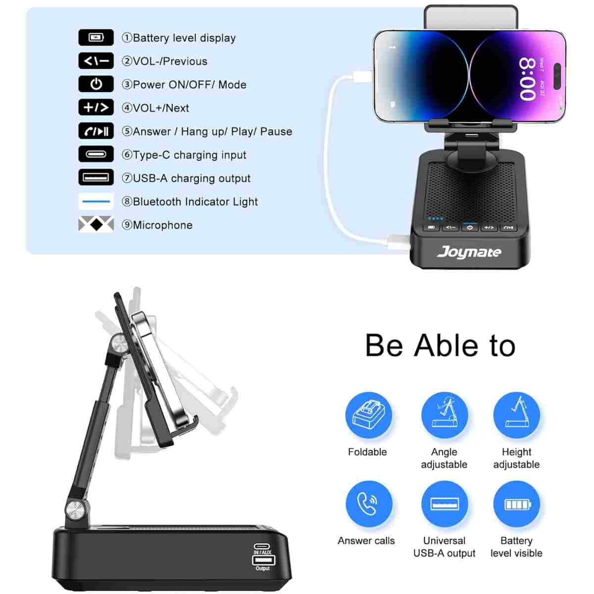 Gifts for Men Women, Phone Stand with Bluetooth Speaker and Charging Function 360° Rotable Angel Adjustable Cell Phone Holder with HD Stereo Sound Fits All Phones,Tablet (Black)
